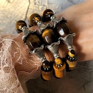 Heavy Silver Plated Bracelet Stacking Natural Tiger Eye Stone Natural Crystals